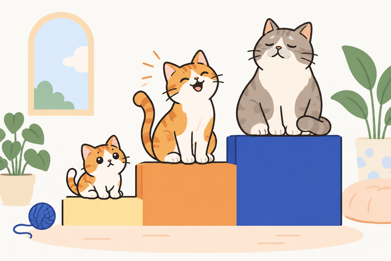 계단 세 칸에 아기 고양이, 청년 고양이, 주둥이가 희끗한 노년 고양이가 차례로 앉아 있는 삽화